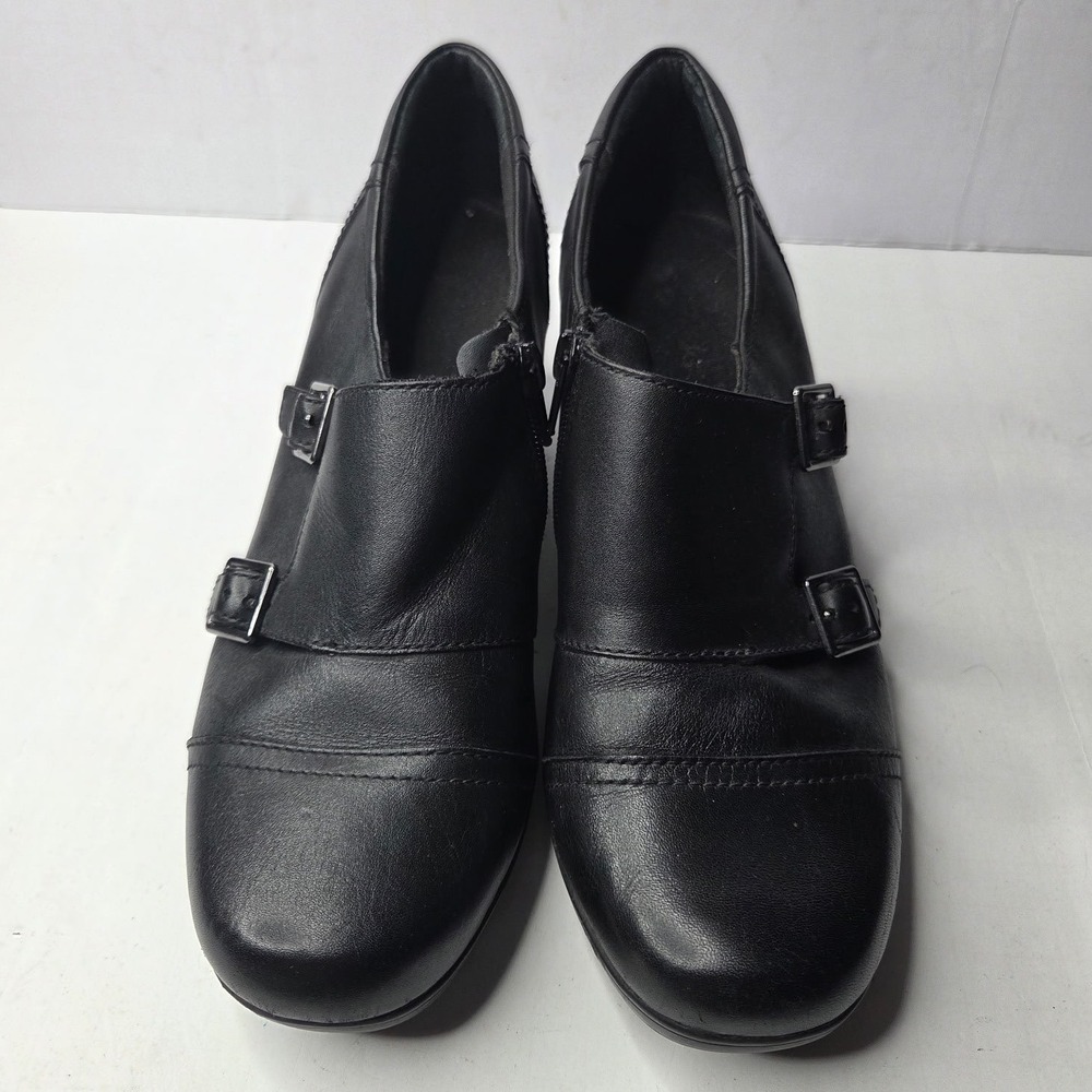 Clarks Womens Black Leather Monk Strap Double Buckle Block Heel Booties 10M